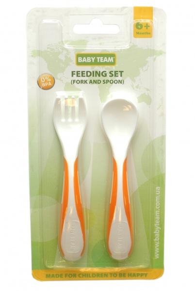 Вилочка и ложечка с нескользящими ручками Baby Team, оранжевый (6105) - Pampik