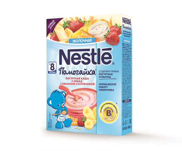Йогуртна молочна каша Nestle Помогайка 3 злаки з бананом і полуницею, 200 г - Pampik