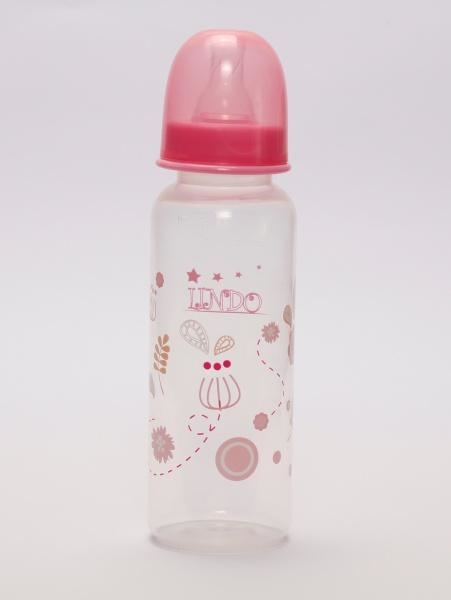 Пляшечка Lindo кругла з силіконовою соскою, 250 мл, рожевий (Li 143) - Pampik