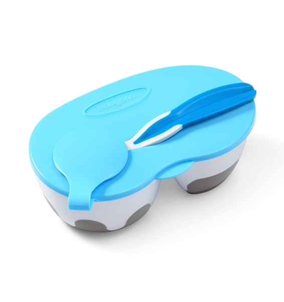 Тарелка двухсекционная BabyOno, с ложкой, голубой (1067) - Pampik