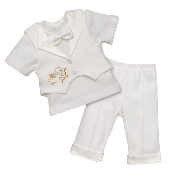 Хрестильний костюм для хлопчика BetiS Міні Бос-2, короткий рукав, інтерлок, р.68, молочний (27070239) - Pampik