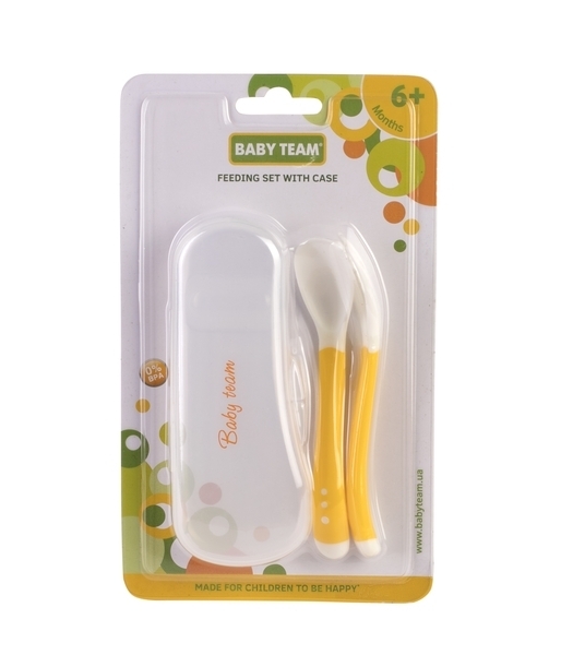 Вилочка и ложечка с нескользящими ручками и футляром Baby Team, желтый (6105) - Pampik - 3