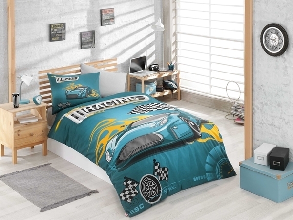 Комплект постельного белья Hobby Ranforce Racing, ранфорс, бирюзовый (30807_1,5) - Pampik