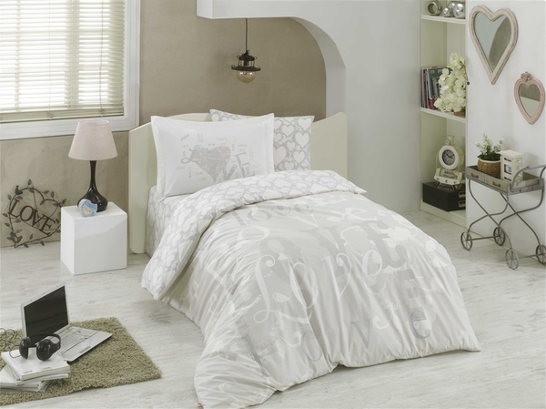 Комплект постільної білизни Hobby Poplin Love, поплін, світло-сірий (30654_1,5) - Pampik