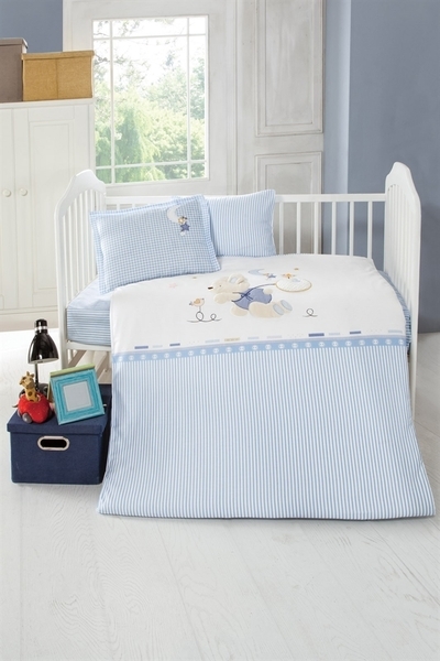 Комплект постельного белья Luoca Patisca Bonnie, с 3D-вышивкой, ранфорс, 150х100 см, голубой с белым (19451) - Pampik