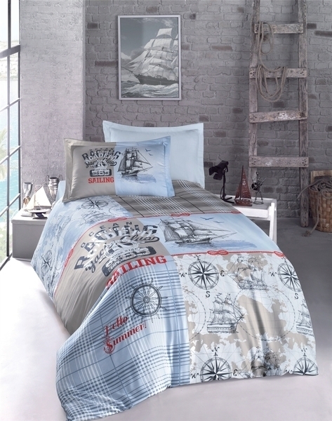Комплект постельного белья Luoca Patisca Ranforce Ship, ранфорс, 220х160 см, голубой с серым (10434) - Pampik