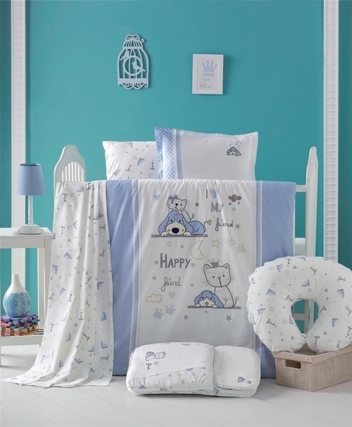 Комплект постельного белья Luoca Patisca Happy, с 3D-вышивкой, ранфорс, 150х100 см, голубой с белым (10847) - Pampik