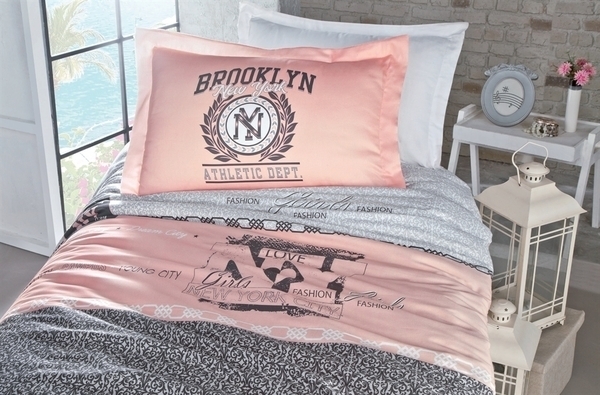Комплект постельного белья Luoca Patisca Ranforce Awesome, ранфорс, 220х160 см, серый с персиковым (10441) - Pampik - 2