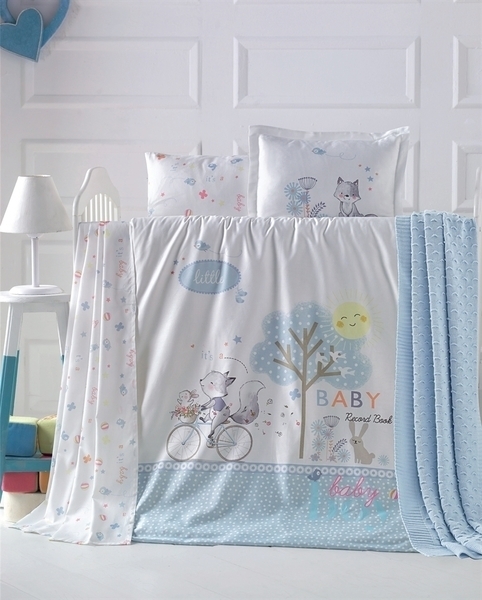 Комплект постельного белья Luoca Patisca Reynard, ранфорс, 150х100 см, белый с голубым (10649) - Pampik