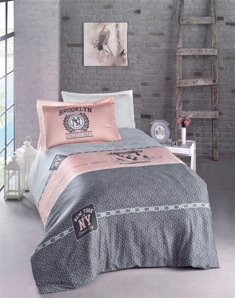Комплект постельного белья Luoca Patisca Ranforce Awesome, ранфорс, 220х160 см, серый с персиковым (10441) - Pampik