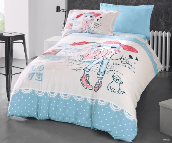 Комплект постельного белья Luoca Patisca Ranforce Clarice, ранфорс, 220х160 см, белый с голубым (78922) - Pampik