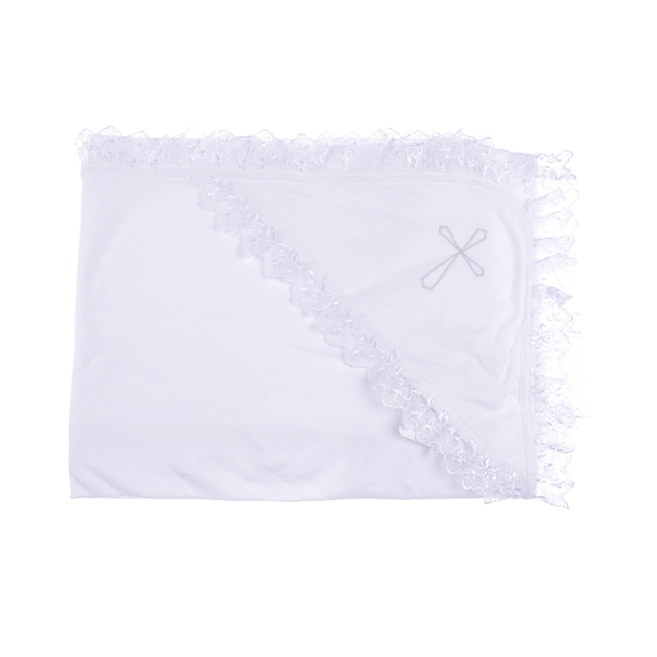 Крижма одношарова Сім Слонів, з синтетичним мереживом, бавовна, 90х90 см, білий з сріблом (08011) - Pampik