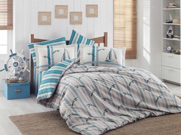 Комплект постельного белья Hobby Poplin Marinella, поплин, 220х160 см, бирюзовый (118621_1,5) - Pampik