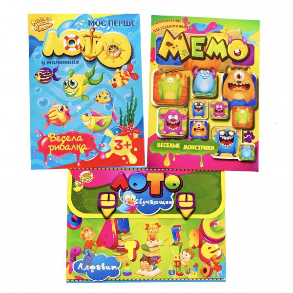 Лото Kidsori 3 в 1 Весела рибалка, Алфавіт в картинках російський і Мемо Монстрики (OLS-19-507) - Pampik