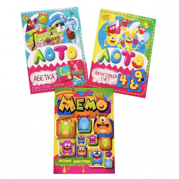 Лото Kidsori 3 в 1 Азбука в картинках українська, Фруктовий рахунок і Мемо Монстрики (OLS-19-502) - Pampik