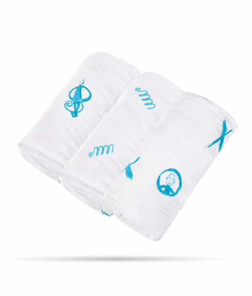 Набор пеленок Matchistick Monkey, из 100% органического хлопка Muslin, 70х70 см, голубой, 3 шт. (MM-LOCM-002) - Pampik - 3
