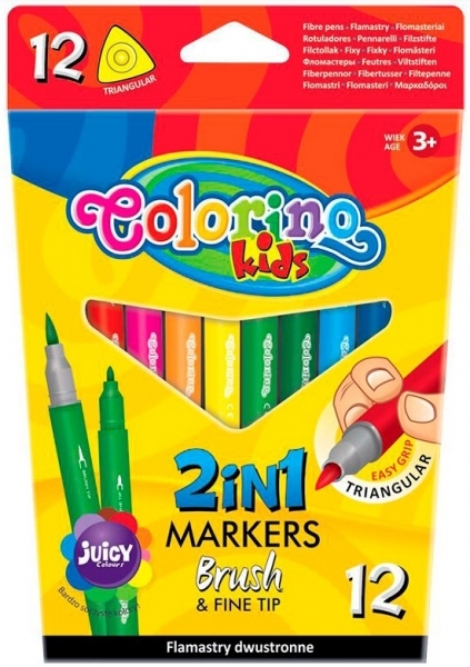 Фломастери Colorino Brush & Fine tip, двосторонні, 12 кольорів (92500PTR) - Pampik