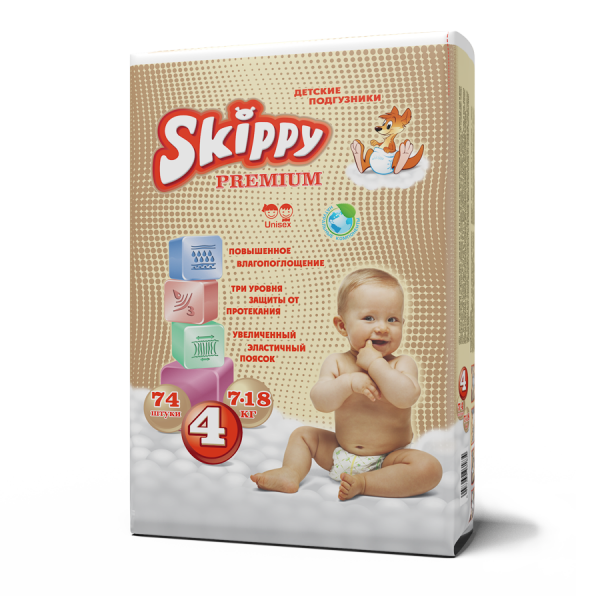 

Подгузники Skippy Premium 4 (7-18 кг), 74 шт