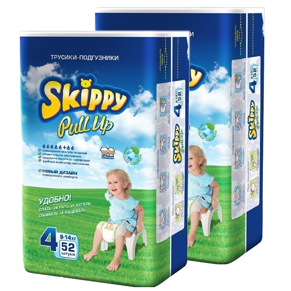 

Подгузники-трусики Skippy Pull Up 4 (9-14 кг), 104 шт. (2 уп. х 52 шт