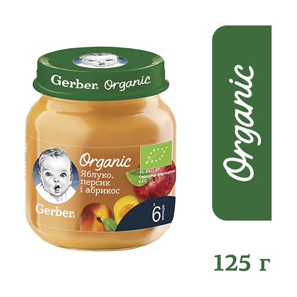 

Пюре Gerber Organic Яблоко, персик и абрикос, 125 г