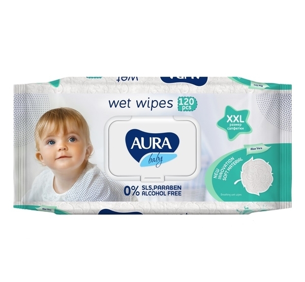 

Детские влажные салфетки Aura Baby XXL, с клапаном, 120 шт