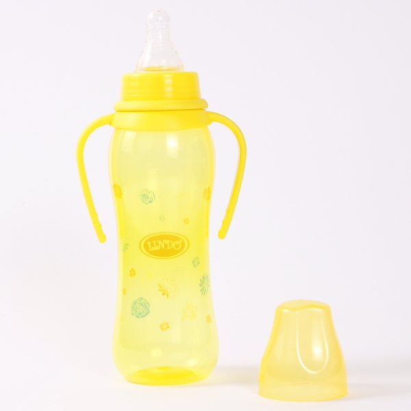 Пляшка для годування Lindo, вигнута, з ручками, із силіконовою соскою, від 3 міс., 250 мл, жовтий (Li 135 жовт) - Pampik - 2