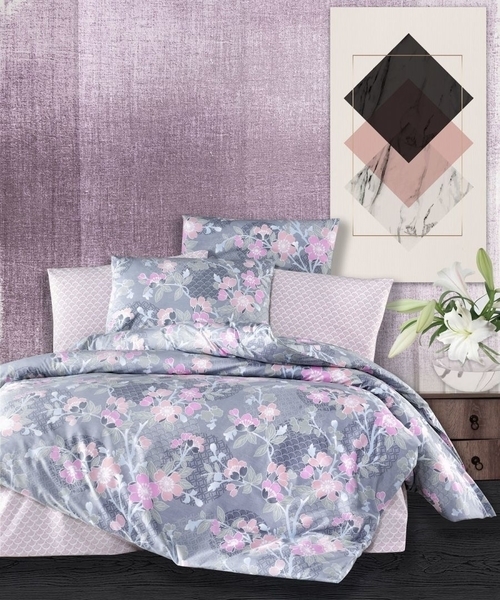 Комплект постельного белья LightHouse Gardenia, ранфорс, 220х200 см, серый с розовым (100074_2.0LH) - Pampik