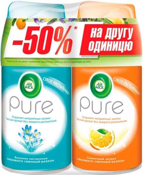 

Освежитель воздуха Air Wick Freshmatic Pure Солнечный апельсин и Весеннее настроение, 2 сменных баллона, 500 мл (2 шт. по 250 мл