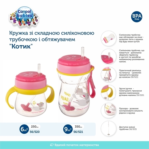 Чашка із силіконовою трубочкою і обтяжувачем Canpol Babies Котик, 250 мл, рожевий (56/520) - Pampik - 2
