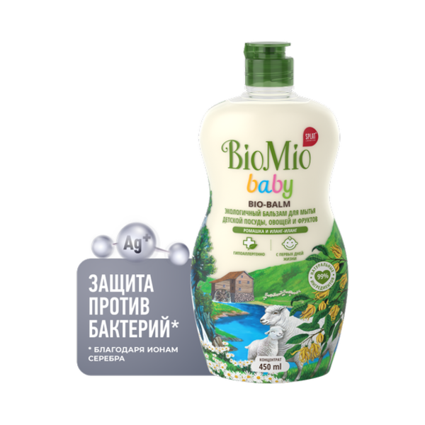 

Антибактериальный гипоаллергенный эко бальзам для мытья детской посуды BioMio Baby Bio-Balm Ромашка и Иланг-Иланг, концентрат, 450 мл