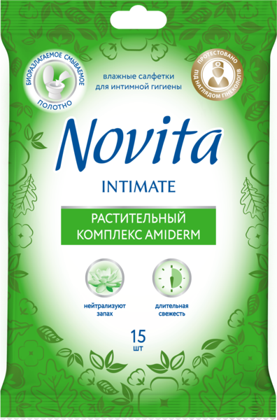 

Влажные салфетки Novita Intimate Soft, с растительным комплексом Amiderm,15 шт