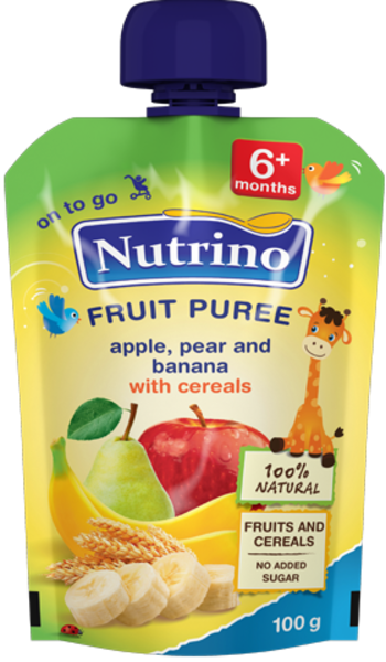 

Фруктовое пюре Nutrino Pouch с яблоком, грушей, бананом и злаками, 100 г