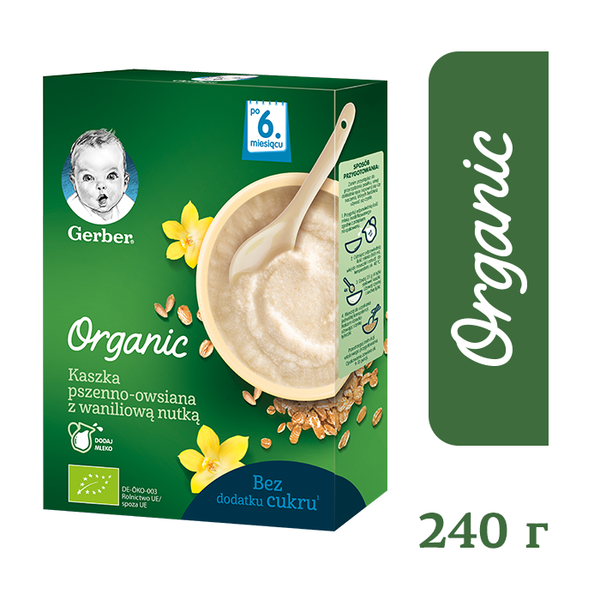 

Уценка. Безмолочная каша Gerber Organic Пшенично-овсяная с ванильным вкусом, 240 г