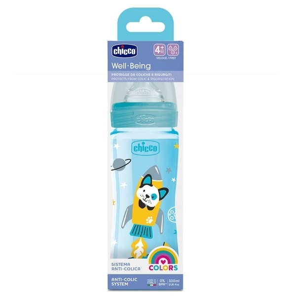 Пляшечка для годування Пластикова Chicco Well-Being Physio Colors з силіконовою соскою, 4м+, 330 мл, блакитний (28637.20) - Pampik - 4