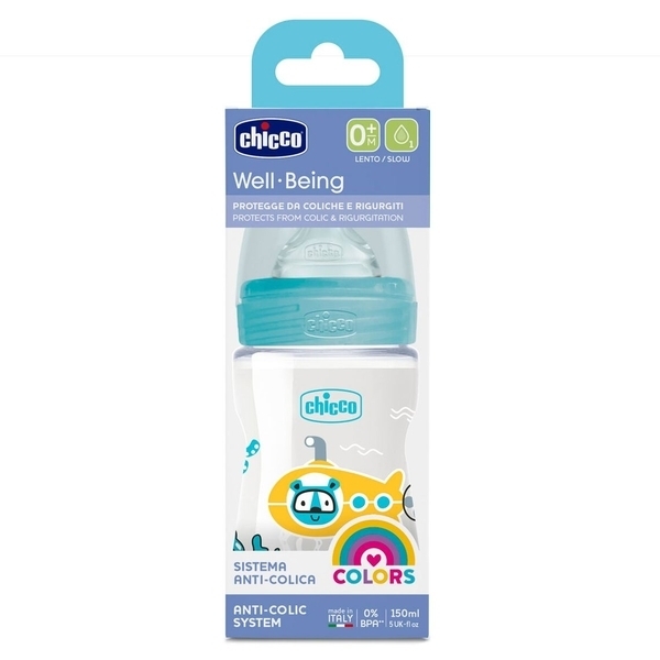 Пляшечка для годування Пластикова Chicco Well-Being Physio Colors з силіконовою соскою, 0м+, 150 мл, блакитний (28611.20) - Pampik - 4