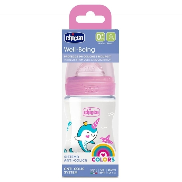Пляшечка для годування Пластикова Chicco Well-Being Physio Colors з силіконовою соскою, 0м+, 150 мл, рожевий (28611.10) - Pampik - 4