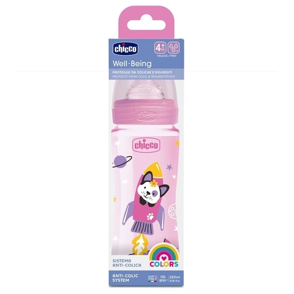 Пляшечка для годування Пластикова Chicco Well-Being Physio Colors з силіконовою соскою, 4м+, 330 мл, рожевий (28637.10) - Pampik - 4