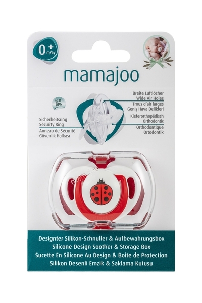 Силиконовая ортодонтическая пустышка Mamajoo Божья Коровка, 0-6 мес., красный с белым (MMJ3930) - Pampik