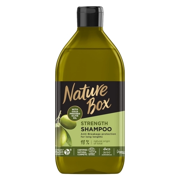 Шампунь для зміцнення довгого волосся і протидії ламкості Nature Box з оливковою олією холодного віджиму, 385 мл - Pampik