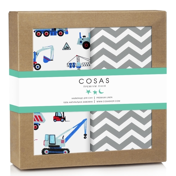 Набор наволочек Cosas Машинки и Зигзаги, ранфорс, 60х40 см, голубой, серый, белый, 2 шт. - Pampik