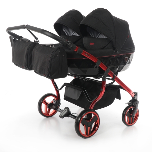 Універсальна коляска для двійні 2 в 1 Junama Diamond Individual Duo 01, чорний на червоній рамі (JD-IN-DUO-01) - Pampik
