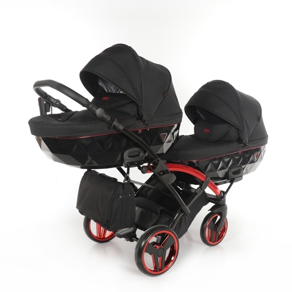 Універсальна коляска для двійні 2 в 1 Junama Diamond Individual Duo Slim 01, чорний на червоній рамі (JD-IN-DUOs-01) - Pampik