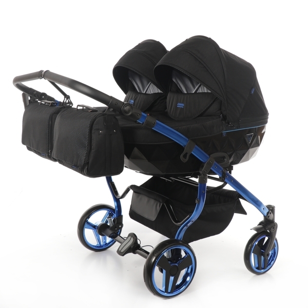 Універсальна коляска для двійні 2 в 1 Junama Diamond Individual Duo 02, чорний на синій рамі (JD-IN-DUO-02) - Pampik