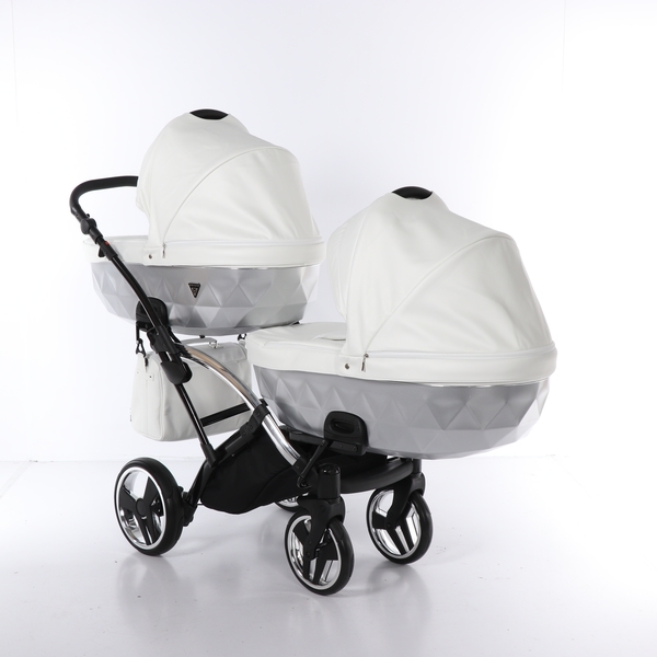 Універсальна коляска для двійні 2 в 1 Junama Mirror Satin Duo Slim 04, білий з сріблястим (J-MS-DUOs-04) - Pampik - 2