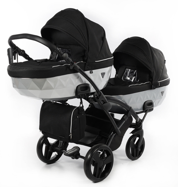 Універсальна коляска для двійні 2 в 1 Junama Mirror Satin Duo Slim 01, чорний з сріблястим (J-MS-DUOs-01) - Pampik