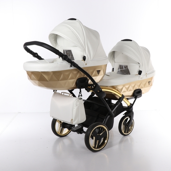 Універсальна коляска для двійні 2 в 1 Junama Mirror Satin Duo Slim 06, білий з золотим (J-MS-DUOs-01) - Pampik - 2