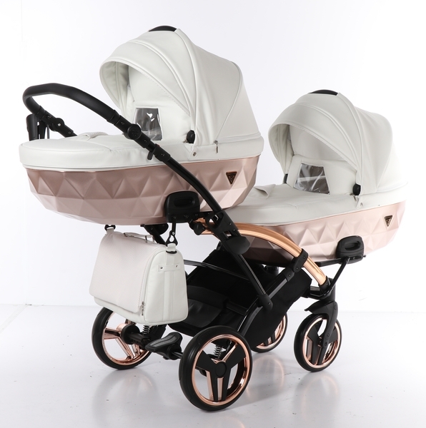 Універсальна коляска для двійні 2 в 1 Junama Mirror Satin Duo Slim 05, білий з бронзовим (J-MS-DUOs-05) - Pampik - 2