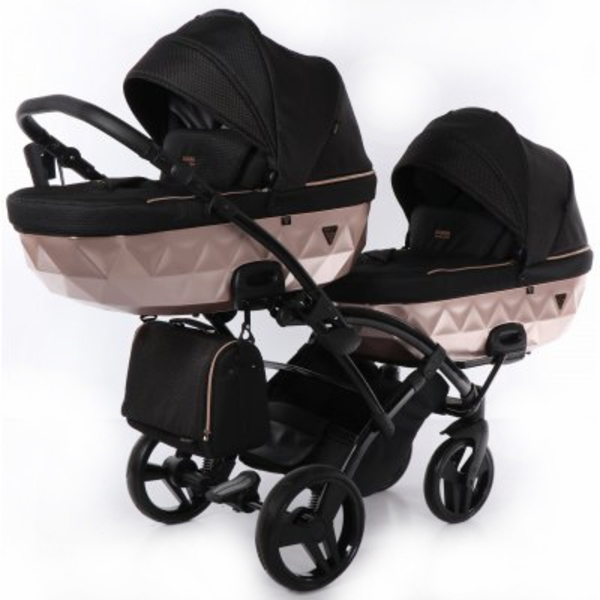 Універсальна коляска для двійні 2 в 1 Junama Mirror Satin Duo Slim 02, чорний з бронзовим (J-MS-DUOs-02) - Pampik