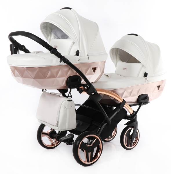 Універсальна коляска для двійні 2 в 1 Junama Mirror Satin Duo Slim 05, білий з бронзовим (J-MS-DUOs-05) - Pampik