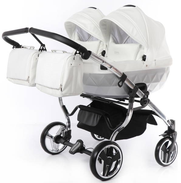 Універсальна коляска для двійні 2 в 1 Junama Mirror Satin Duo 04, білий з сріблястим (J-MS-DUO-04) - Pampik